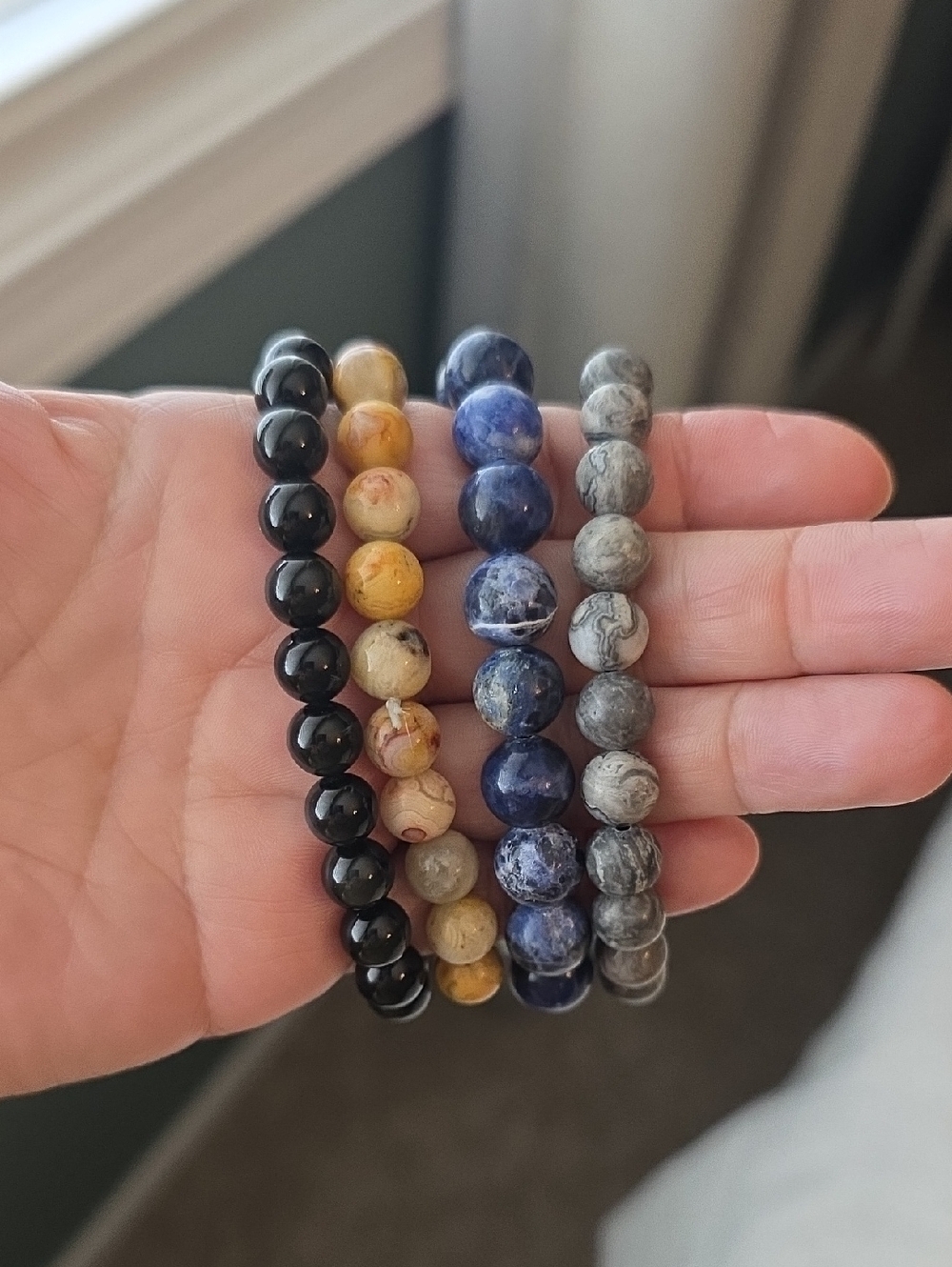Beaded Stretch Bracelet Set - Black, Yellow, Blue, Gray